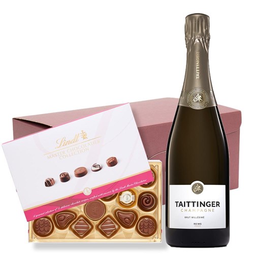 Taittinger Brut Vintage 2016 Champagne 75cl and Lindt Master Chocolatier Hamper – Premium Gift